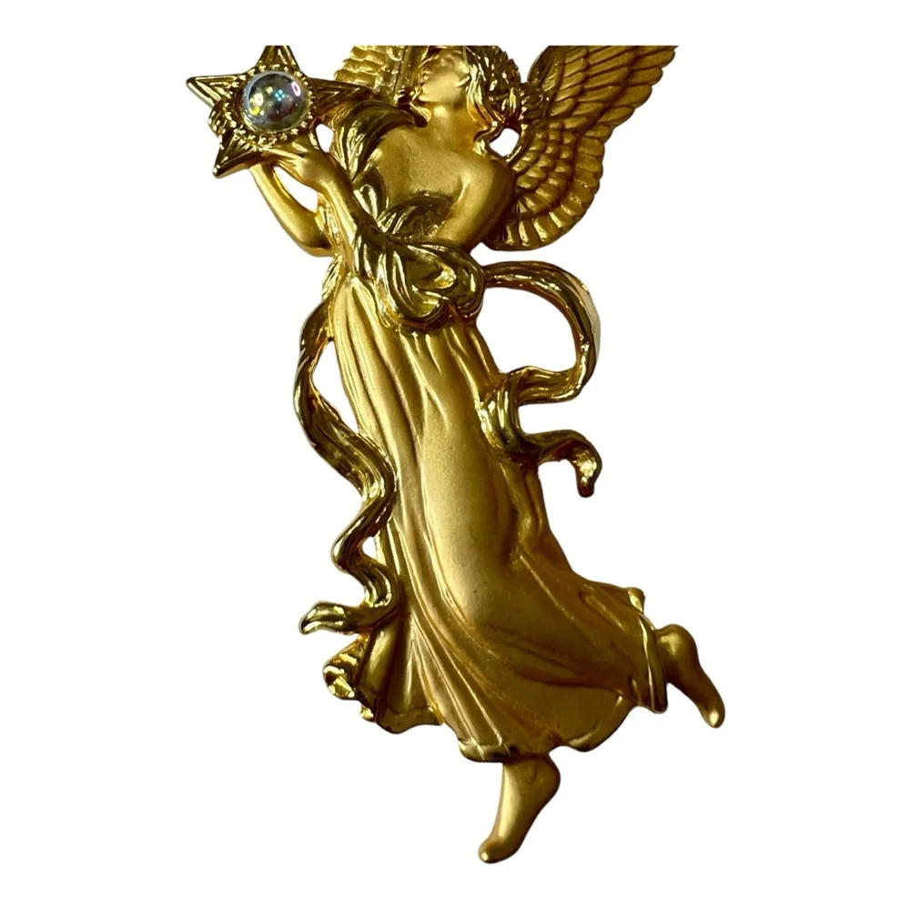 JJ Jonette Vintage Gold Tone Angel With Star and Faux Moonstone Brooch Pin